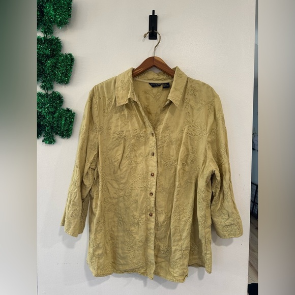 Ecologie Embroidered Floral 100% Linen Button-Down Shirt Women 3XL Boho Cottage - Picture 1 of 5
